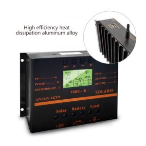 Fuhuihe Solar Charge Controller 80A, Battery Charge Regulator Auto 960W / 1920W 12V / 24V with LCD Display Mobile Power Supply Charger 5V USB Enhanced Heat Sink (80A)