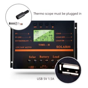 Fuhuihe Solar Charge Controller 80A, Battery Charge Regulator Auto 960W / 1920W 12V / 24V with LCD Display Mobile Power Supply Charger 5V USB Enhanced Heat Sink (80A)