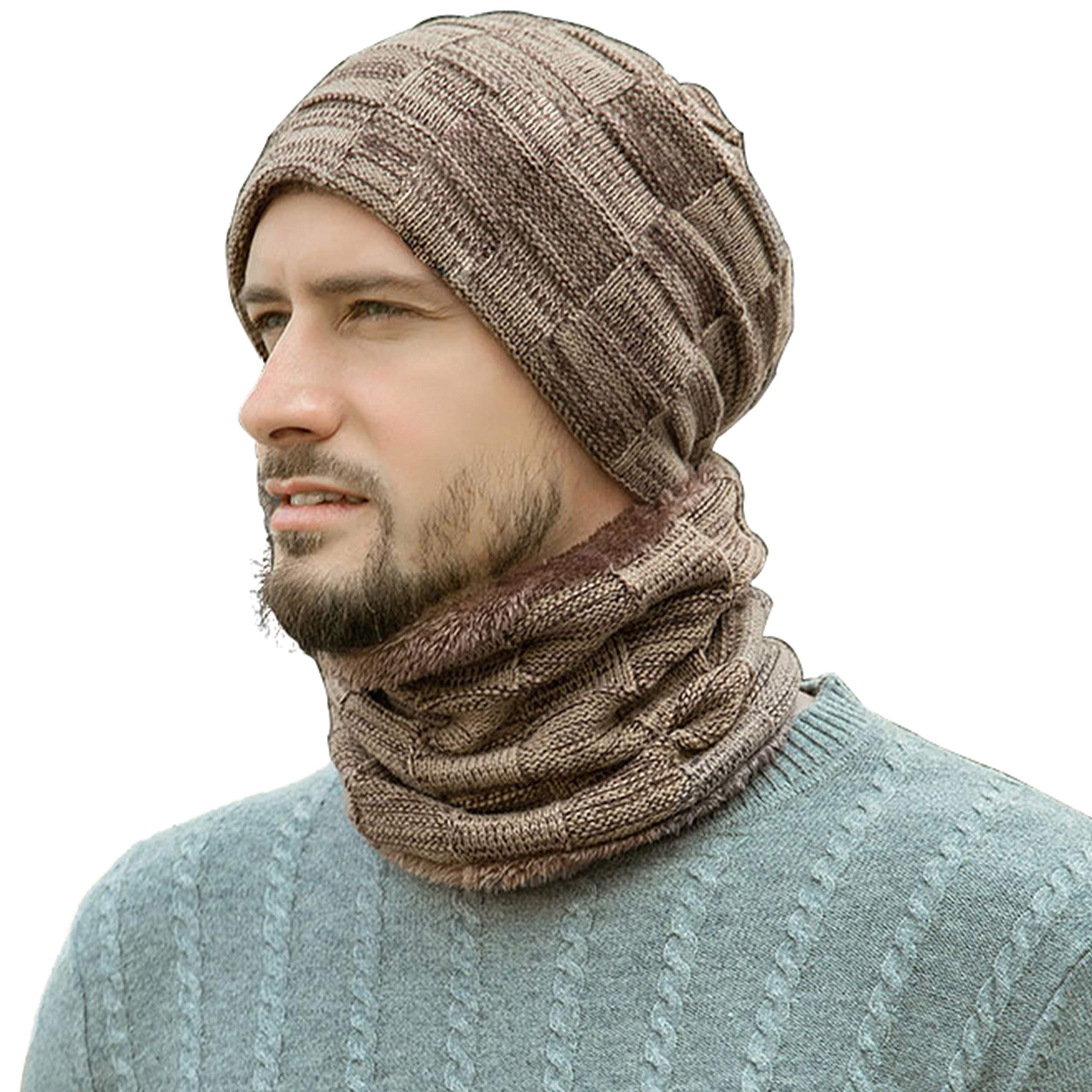 Winter Beanie Hat Scarf Set for Men Women, Warm Fleece Lined Knit Hat Skull Cap Thick Neck Warmer Winter Gift Set Khaki