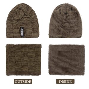 Winter Beanie Hat Scarf Set for Men Women, Warm Fleece Lined Knit Hat Skull Cap Thick Neck Warmer Winter Gift Set Khaki