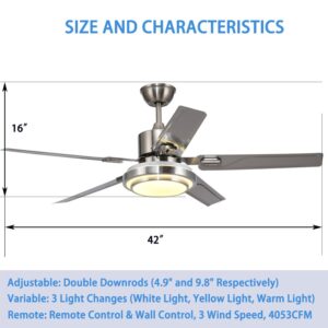 Andersonlight Reversible Ceiling Fan with Light and Remote Control, Stainless Steel, Silver (42in)