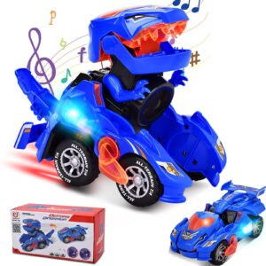 inlaier transforming dinosaur toys, transforming dinosaur car with led light and music automatic transform dino car for 2 and up year old kids christmas birthday gifts (blue)