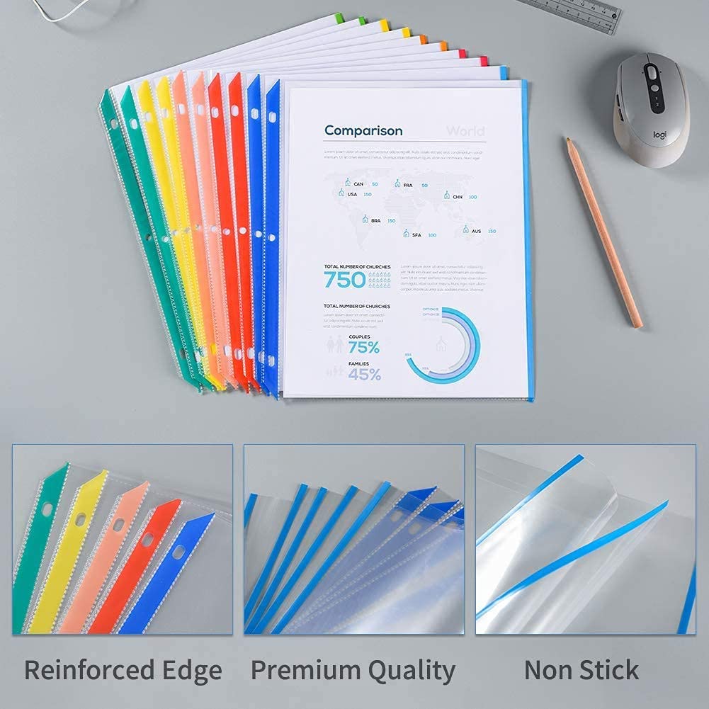Sooez Clear Sheet Protectors, Medium Weight Color Coded Edges Page Protectors for Quick Reference, Clear Plastic Sleeves for Binders, Top Loading Paper Protector Acid Free Letter Size, 50 Pack