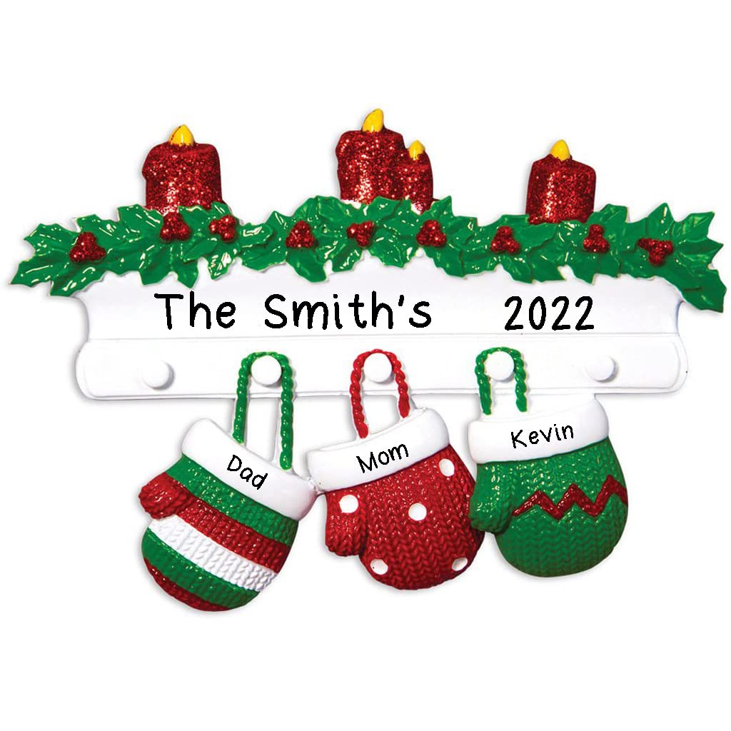 Personalized Red Green Mitten Family Christmas Tree Ornament Free Personalized (Family of 3)