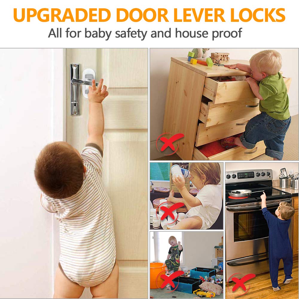 Upgraded Door Lever Locks Child Safety，4 Pack Child Proof Door Lever Handle Lock & Door Locks for Kids Baby Safety Prevent Little Kids from Opening Door, No Screws No Tools Needed Easy Installation