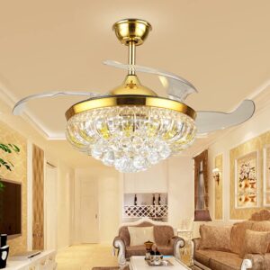 Lighting Groups 42" Invisible Crystal Black Ceiling Fans with 5 Light Bulbs Remote Control 4 Retractable Blades Bedroom Diningroom Fan Chandelier Indoor Ceiling Light Kits with Fans (42 Inch, Black F)