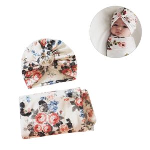 NUOBESTY Newborn Receiving Blanket Headband Set Baby Swaddle Blankets Gala bloomer(White)