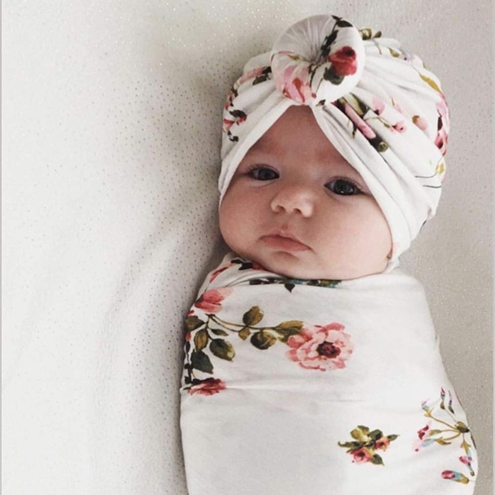 NUOBESTY Newborn Receiving Blanket Headband Set Baby Swaddle Blankets Gala bloomer(White)