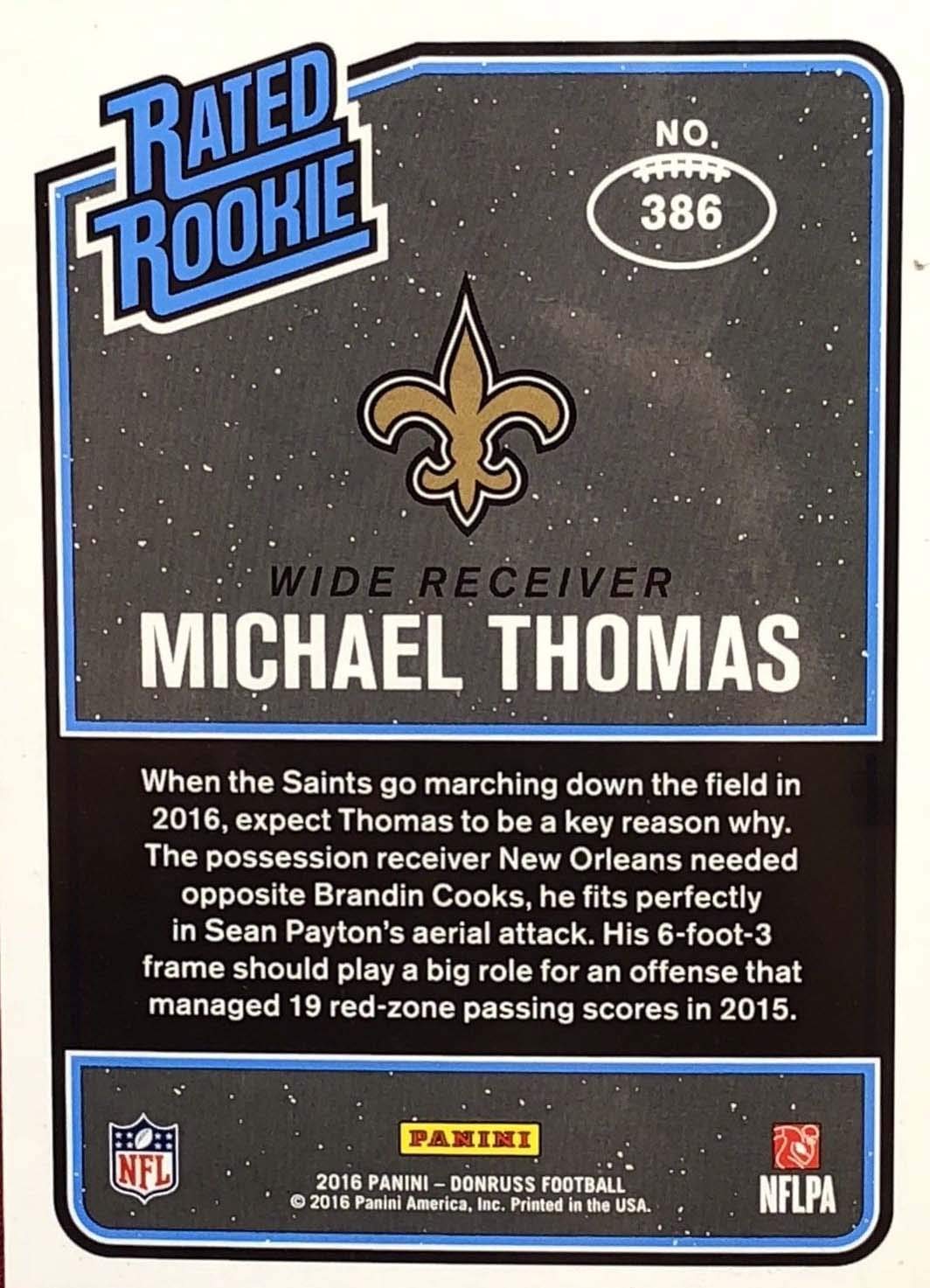 Michael Thomas 2016 Donruss Mint Rated Rookie Card #386 Picturing this New Orleans Saints Star in His Black Jersey