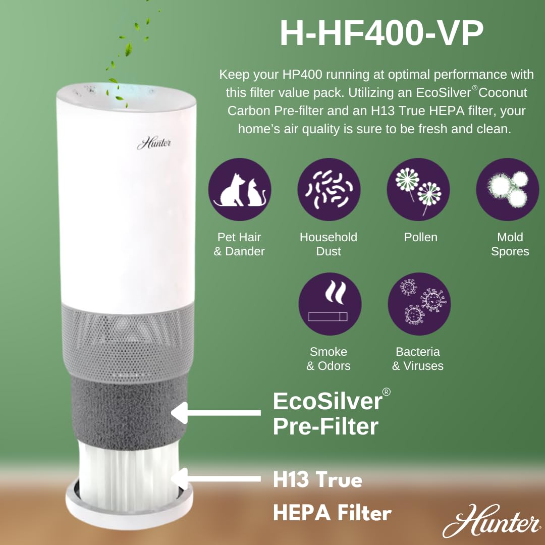 Hunter Fan Company Hunter H-HF400-VP Replacement Value Pack with HEPA EcoSilver Pre-Filter for HP400 Air Purifier Series, 3 Piece Set, White