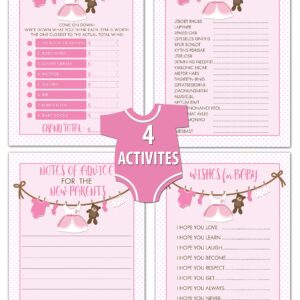 Clothesline Baby Shower Game Bundle | 40 Cards - 4 Baby Shower Activities | Price Is Right | Word Unscramble | Notes of Advice | Wishes for Baby | Girl Baby Shower Activities