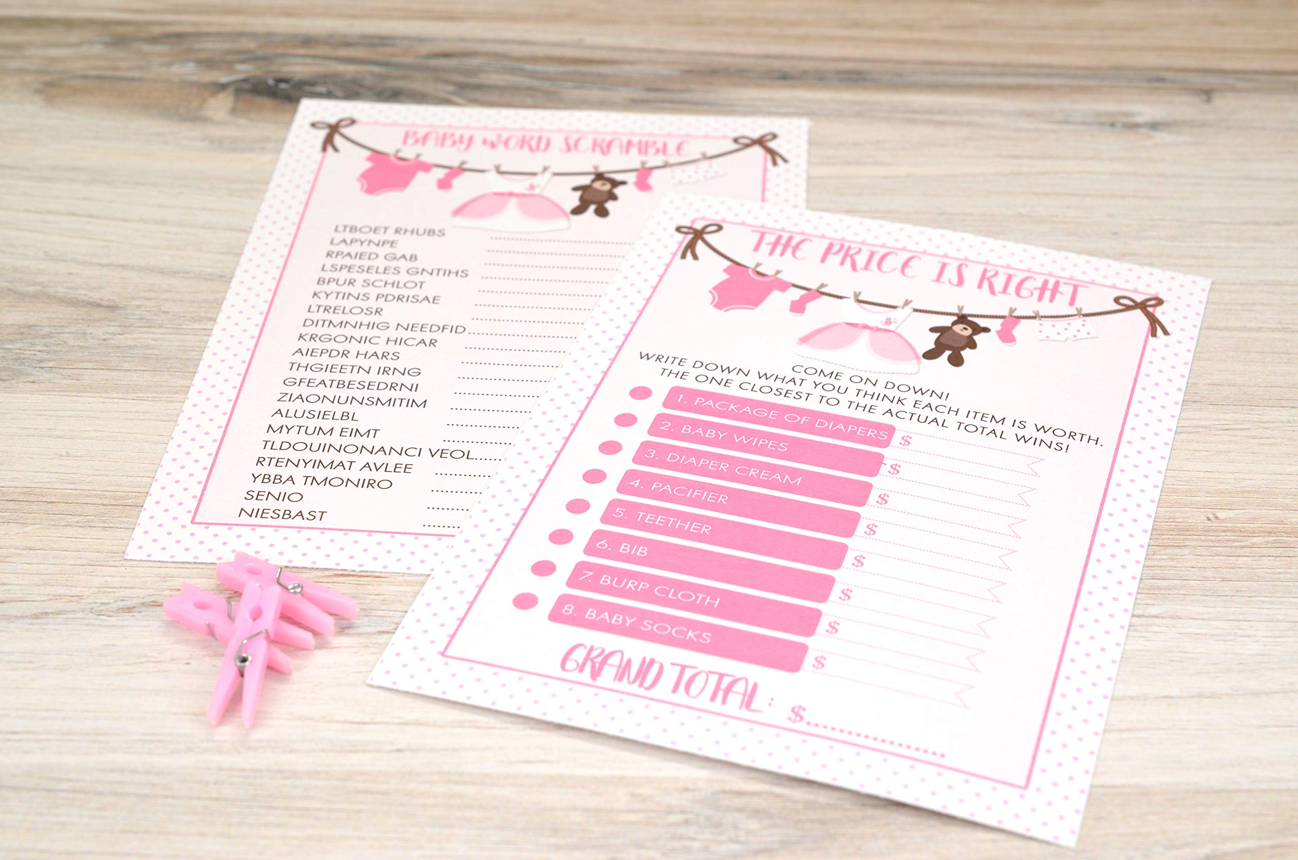 Clothesline Baby Shower Game Bundle | 40 Cards - 4 Baby Shower Activities | Price Is Right | Word Unscramble | Notes of Advice | Wishes for Baby | Girl Baby Shower Activities