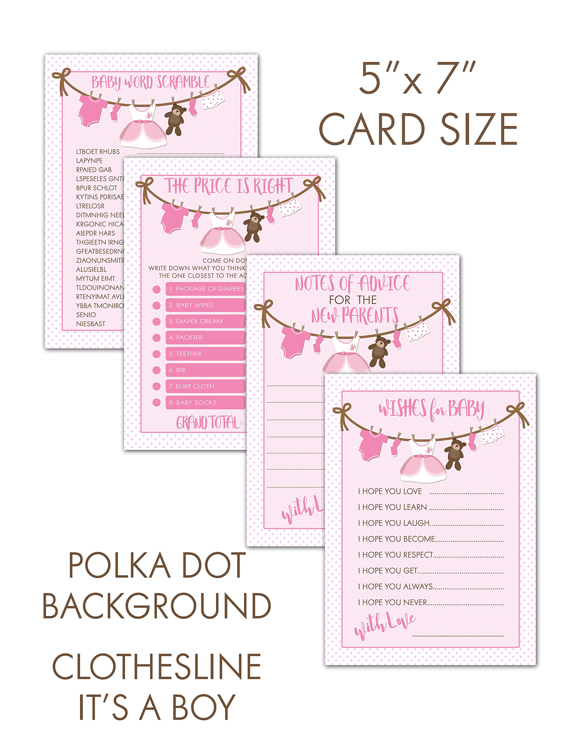 Clothesline Baby Shower Game Bundle | 40 Cards - 4 Baby Shower Activities | Price Is Right | Word Unscramble | Notes of Advice | Wishes for Baby | Girl Baby Shower Activities