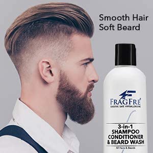 FRAGFRE 3 in 1 Shampoo Conditioner and Beard Wash for Men 12 oz - Unscented Beard Wash for Sensitive Skin - One Step Hair and Beard Cleansing and Conditioning - Saves You Time and Money (1 Pack)
