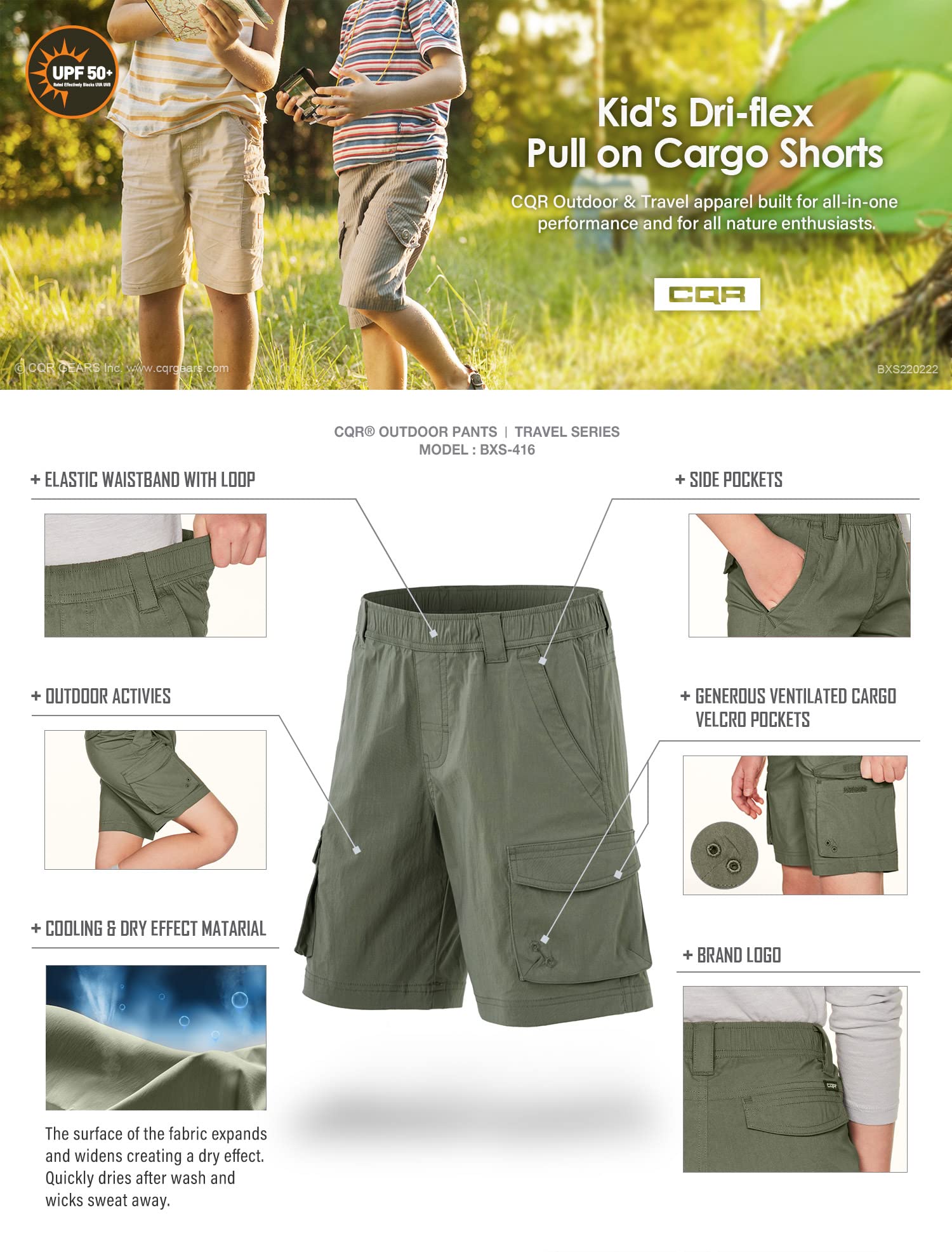CQR Kids Youth Pull on Cargo Shorts, Outdoor Camping Hiking Shorts, Lightweight Elastic Waist Athletic Short with Pockets, Driflex Shorts Olive, Large
