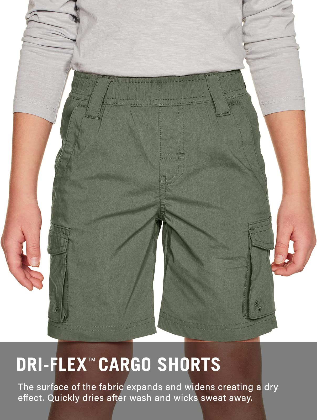 CQR Kids Youth Pull on Cargo Shorts, Outdoor Camping Hiking Shorts, Lightweight Elastic Waist Athletic Short with Pockets, Driflex Shorts Olive, Large