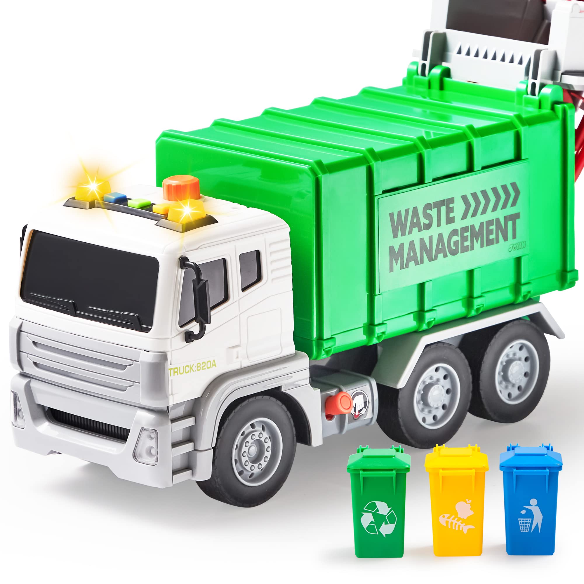 JOYIN 12.5" Garbage Truck Toy, Friction-Powered Trash Truck with Lights & Sounds, Back Dump Garbage Recycling Truck Toy Set with 3 Rear Loader Trash Cans, Boys Girls Toy Cars, Kids Birthday Gifts