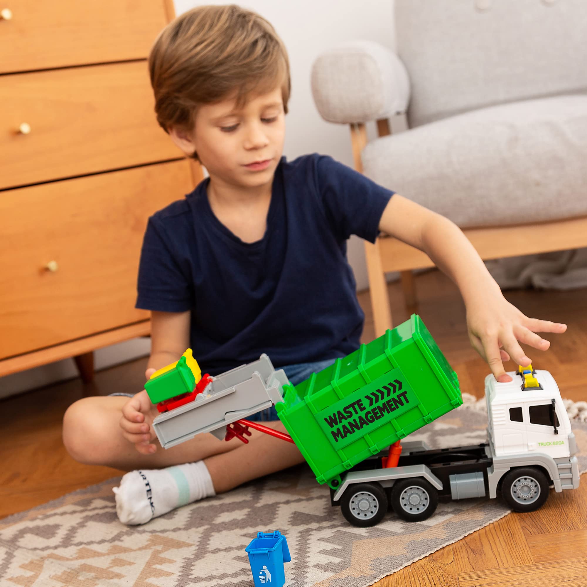 JOYIN 12.5" Garbage Truck Toy, Friction-Powered Trash Truck with Lights & Sounds, Back Dump Garbage Recycling Truck Toy Set with 3 Rear Loader Trash Cans, Boys Girls Toy Cars, Kids Birthday Gifts