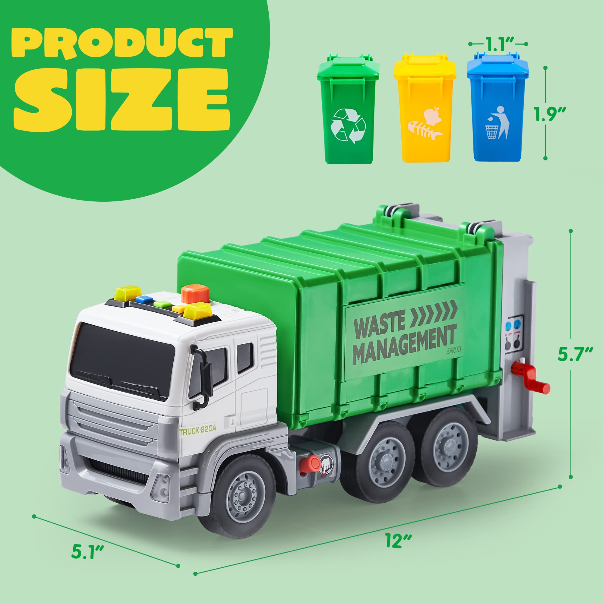 JOYIN 12.5" Garbage Truck Toy, Friction-Powered Trash Truck with Lights & Sounds, Back Dump Garbage Recycling Truck Toy Set with 3 Rear Loader Trash Cans, Boys Girls Toy Cars, Kids Birthday Gifts