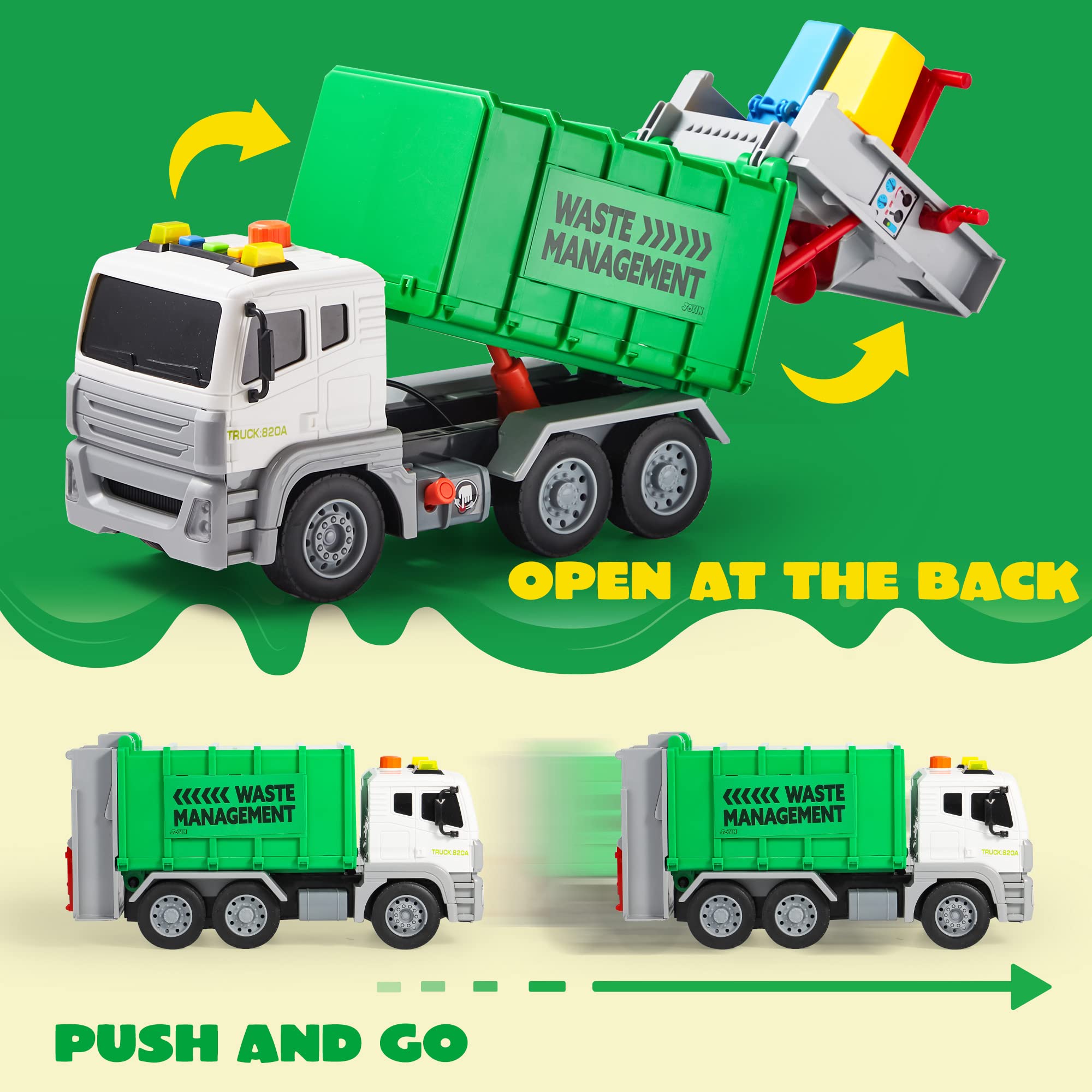 JOYIN 12.5" Garbage Truck Toy, Friction-Powered Trash Truck with Lights & Sounds, Back Dump Garbage Recycling Truck Toy Set with 3 Rear Loader Trash Cans, Boys Girls Toy Cars, Kids Birthday Gifts