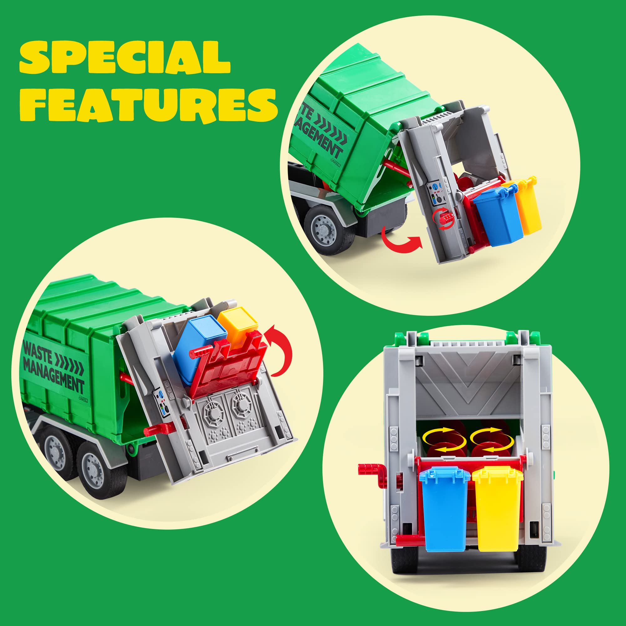 JOYIN 12.5" Garbage Truck Toy, Friction-Powered Trash Truck with Lights & Sounds, Back Dump Garbage Recycling Truck Toy Set with 3 Rear Loader Trash Cans, Boys Girls Toy Cars, Kids Birthday Gifts