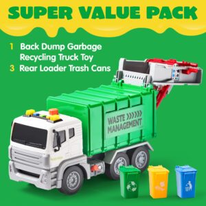 JOYIN 12.5" Garbage Truck Toy, Friction-Powered Trash Truck with Lights & Sounds, Back Dump Garbage Recycling Truck Toy Set with 3 Rear Loader Trash Cans, Boys Girls Toy Cars, Kids Birthday Gifts