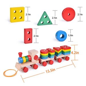 FUN LITTLE TOYS Stacking Train, Shape Sorter Wooden Toys(23 pcs), Sorting & Stacking Toys for Toddler 2-3, Montessori Toys for 1 2 3 Year Old Boy Girl Gifts, Kids Wooden Train Toy