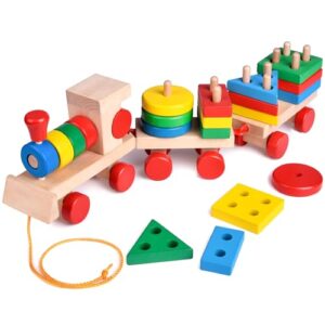 FUN LITTLE TOYS Stacking Train, Shape Sorter Wooden Toys(23 pcs), Sorting & Stacking Toys for Toddler 2-3, Montessori Toys for 1 2 3 Year Old Boy Girl Gifts, Kids Wooden Train Toy