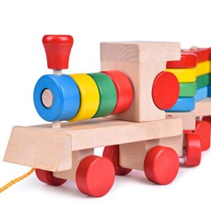 FUN LITTLE TOYS Stacking Train, Shape Sorter Wooden Toys(23 pcs), Sorting & Stacking Toys for Toddler 2-3, Montessori Toys for 1 2 3 Year Old Boy Girl Gifts, Kids Wooden Train Toy