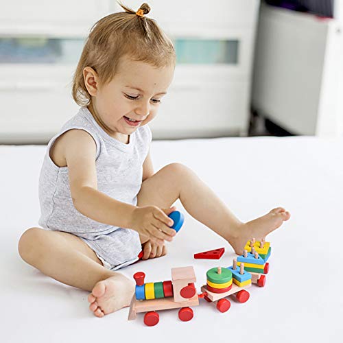 FUN LITTLE TOYS Stacking Train, Shape Sorter Wooden Toys(23 pcs), Sorting & Stacking Toys for Toddler 2-3, Montessori Toys for 1 2 3 Year Old Boy Girl Gifts, Kids Wooden Train Toy