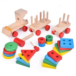 FUN LITTLE TOYS Stacking Train, Shape Sorter Wooden Toys(23 pcs), Sorting & Stacking Toys for Toddler 2-3, Montessori Toys for 1 2 3 Year Old Boy Girl Gifts, Kids Wooden Train Toy