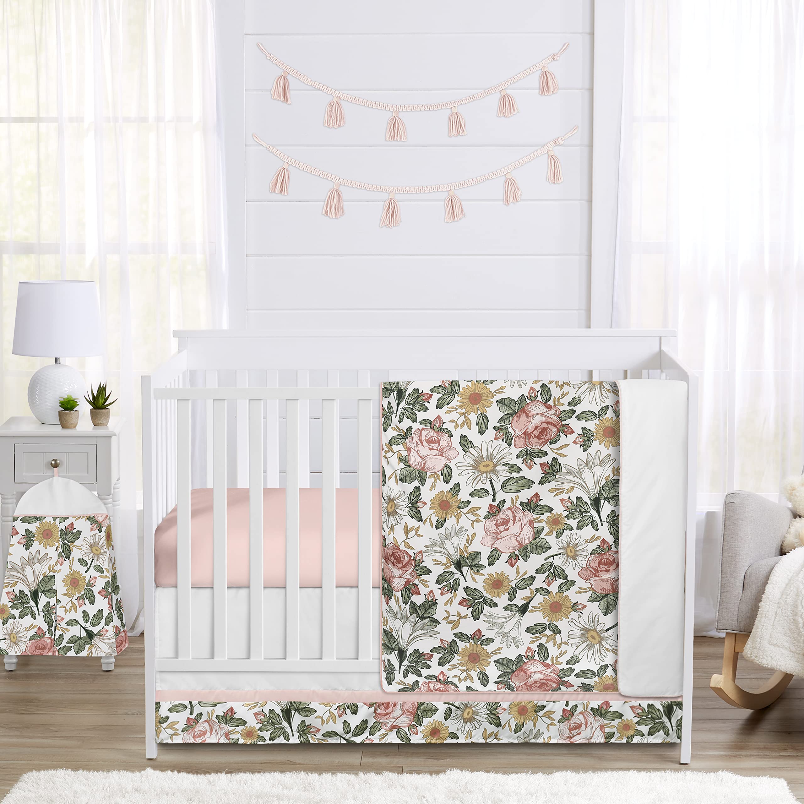 Sweet Jojo Designs Vintage Floral Boho Baby Girl Nursery Crib Bedding Set - 4 Pieces - Blush Pink, Yellow, Green and White Shabby Chic Rose Flower Farmhouse