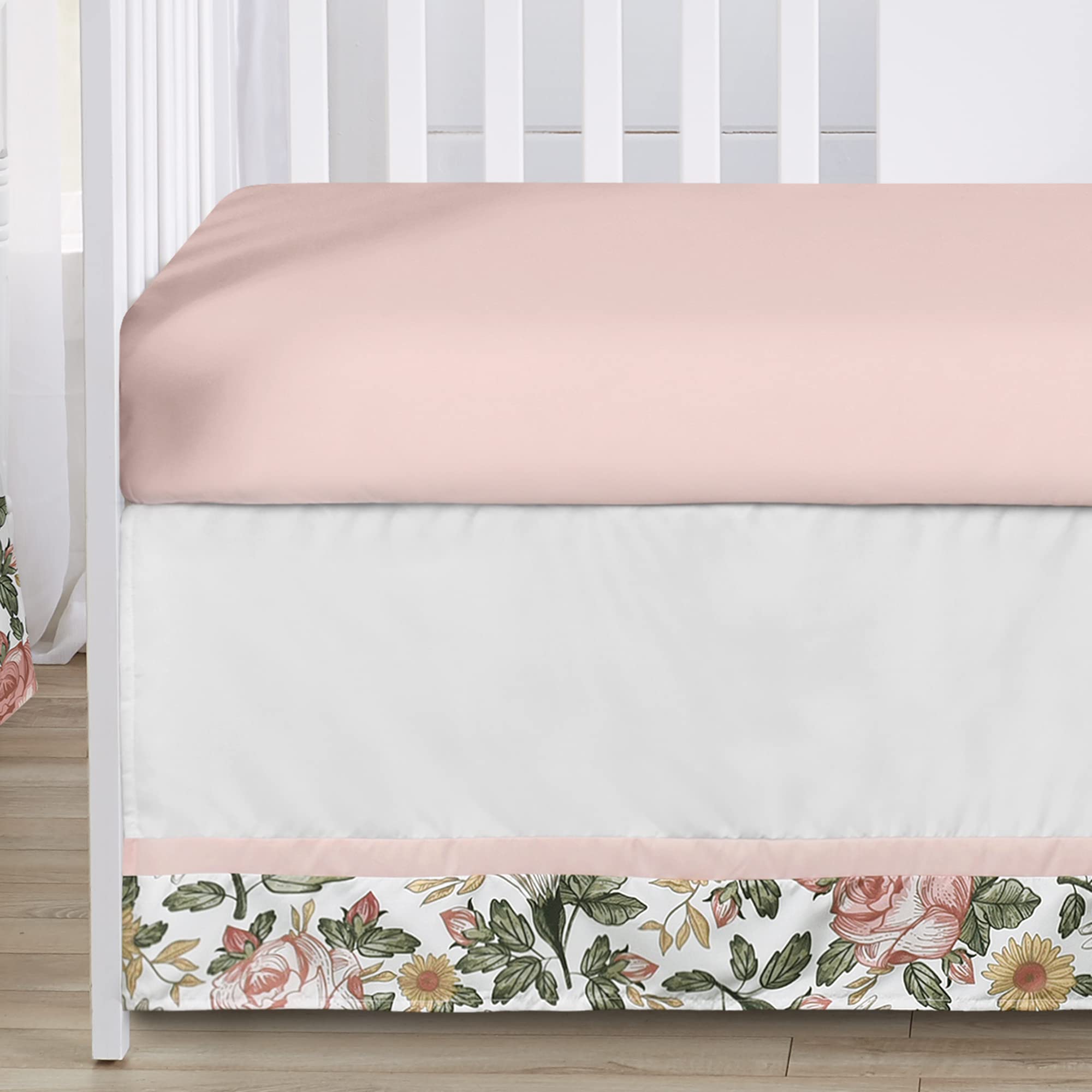 Sweet Jojo Designs Vintage Floral Boho Baby Girl Nursery Crib Bedding Set - 4 Pieces - Blush Pink, Yellow, Green and White Shabby Chic Rose Flower Farmhouse