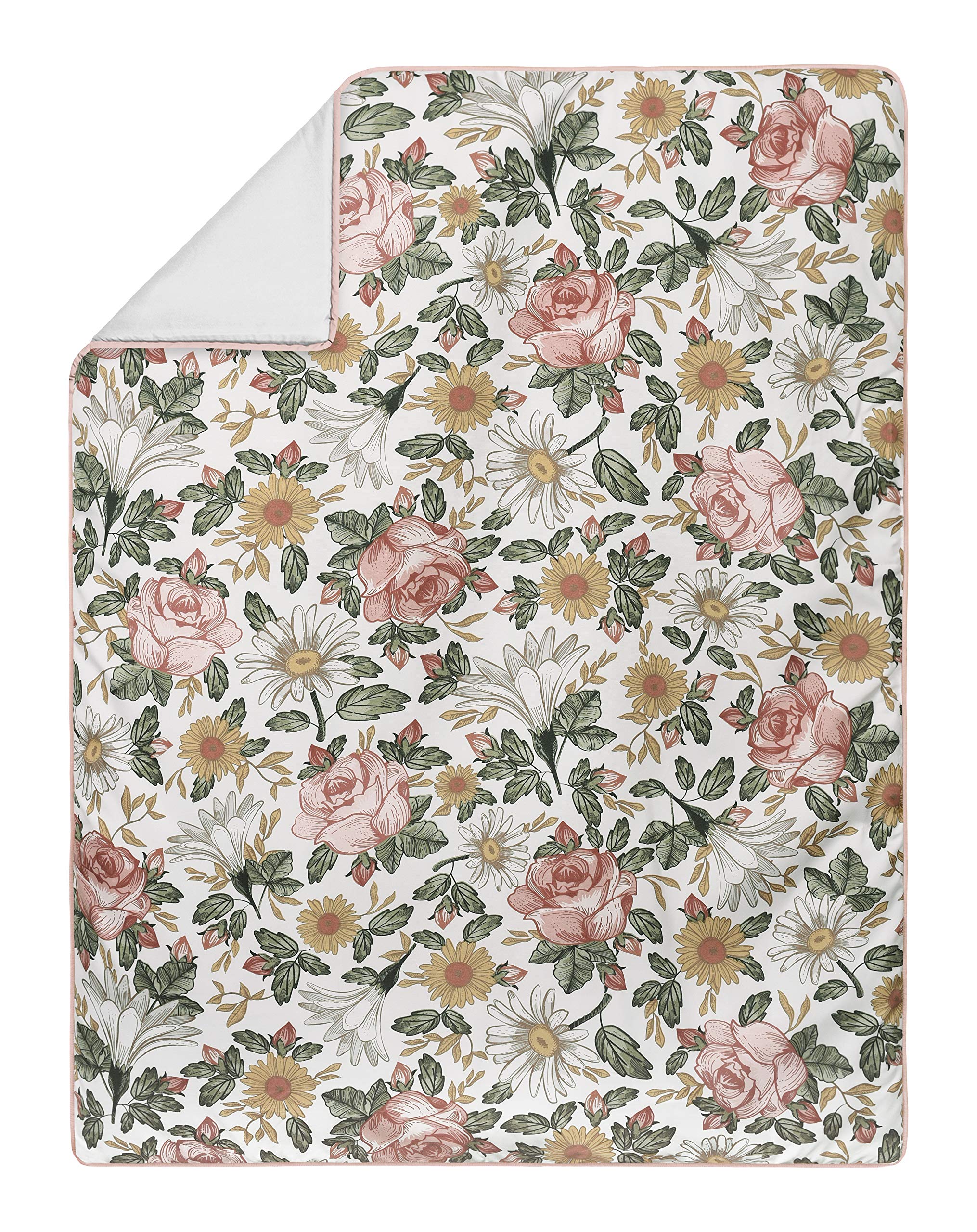 Sweet Jojo Designs Vintage Floral Boho Baby Girl Nursery Crib Bedding Set - 4 Pieces - Blush Pink, Yellow, Green and White Shabby Chic Rose Flower Farmhouse