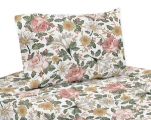 sweet jojo designs vintage floral boho twin sheet set - 3 piece set - blush pink, yellow, green and white shabby chic rose flower farmhouse