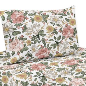 Sweet Jojo Designs Vintage Floral Boho Twin Sheet Set - 3 piece set - Blush Pink, Yellow, Green and White Shabby Chic Rose Flower Farmhouse