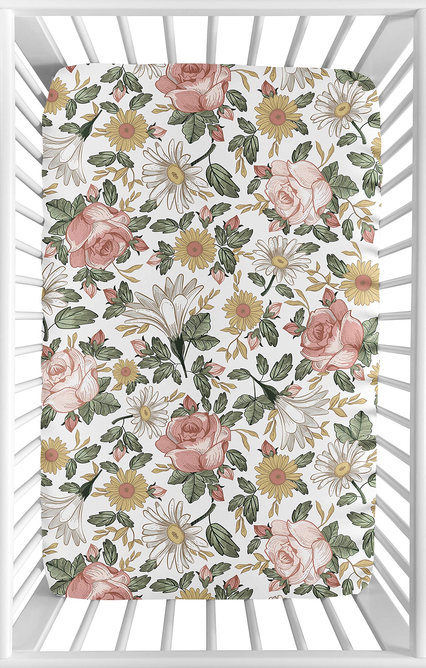 Sweet Jojo Designs Vintage Floral Boho Girl Fitted Mini Crib Sheet Baby Nursery for Portable Crib or Pack and Play - Blush Pink, Yellow, Green and White Shabby Chic Rose Flower Farmhouse