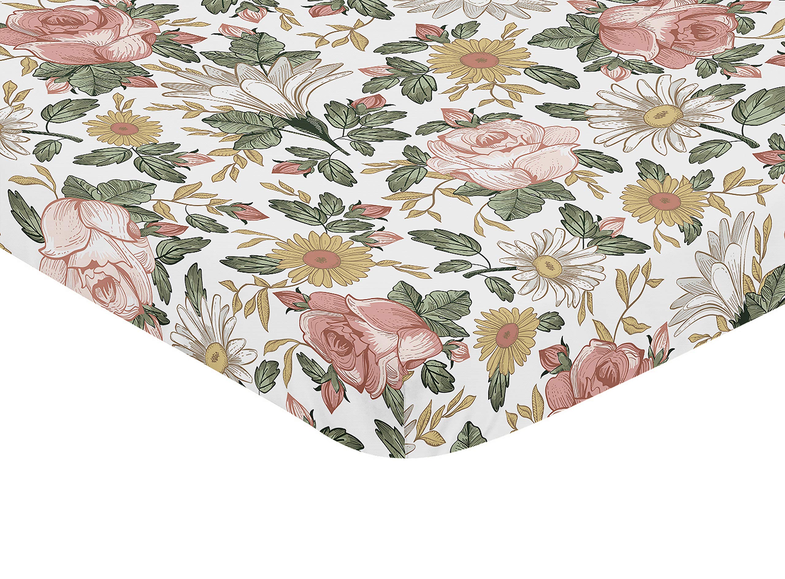 Sweet Jojo Designs Vintage Floral Boho Girl Fitted Mini Crib Sheet Baby Nursery for Portable Crib or Pack and Play - Blush Pink, Yellow, Green and White Shabby Chic Rose Flower Farmhouse