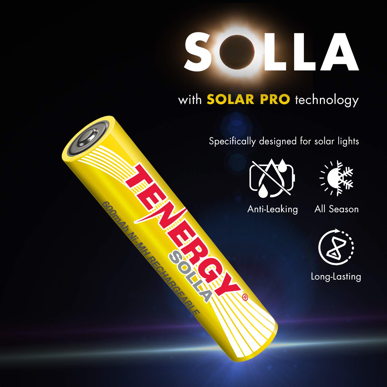 Tenergy Solla AAA Rechargeable NiMH Battery, 600mAh Solar Batteries for Outdoor Solar Lights, Outdoor Patio Lights, Anti-Leak, Outdoor Durability, 5+ Years Performance, 12 Pack, UL Certified