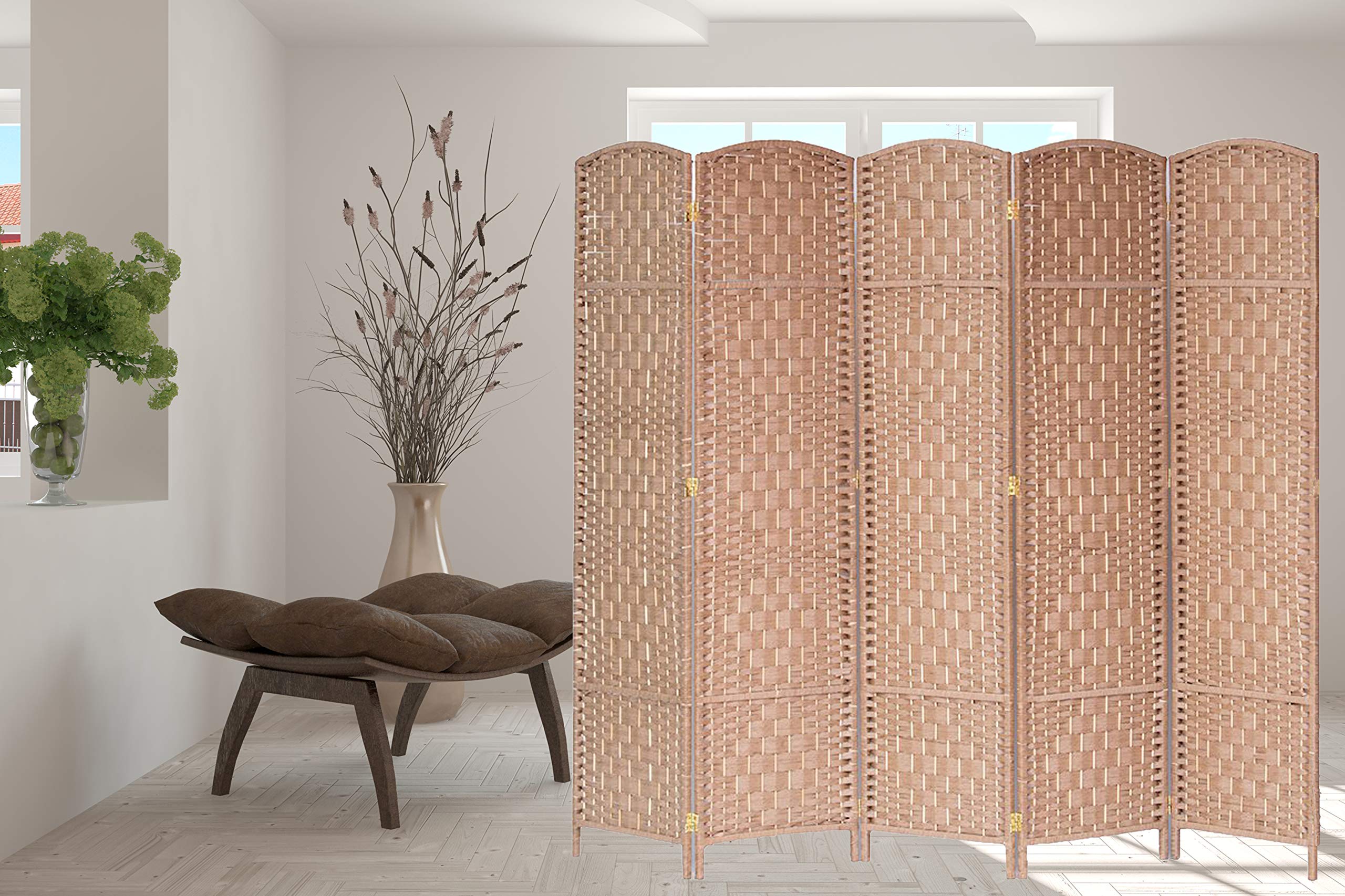 Legacy Decor 5 Panels Room Divider Screen Weaved Bamboo Fiber Natural Color 5.9 ft High X 7.3 ft Wide