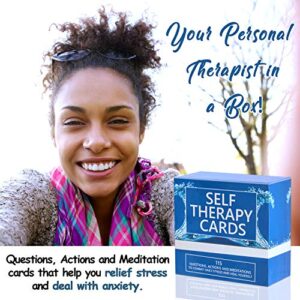 SELF THERAPY CARDS – Relaxing gift! Handy, easy to use anxiety relief cards! 115 Questions in a box, along with suggested actions and meditations. Self reflection cards, mindfulness tool