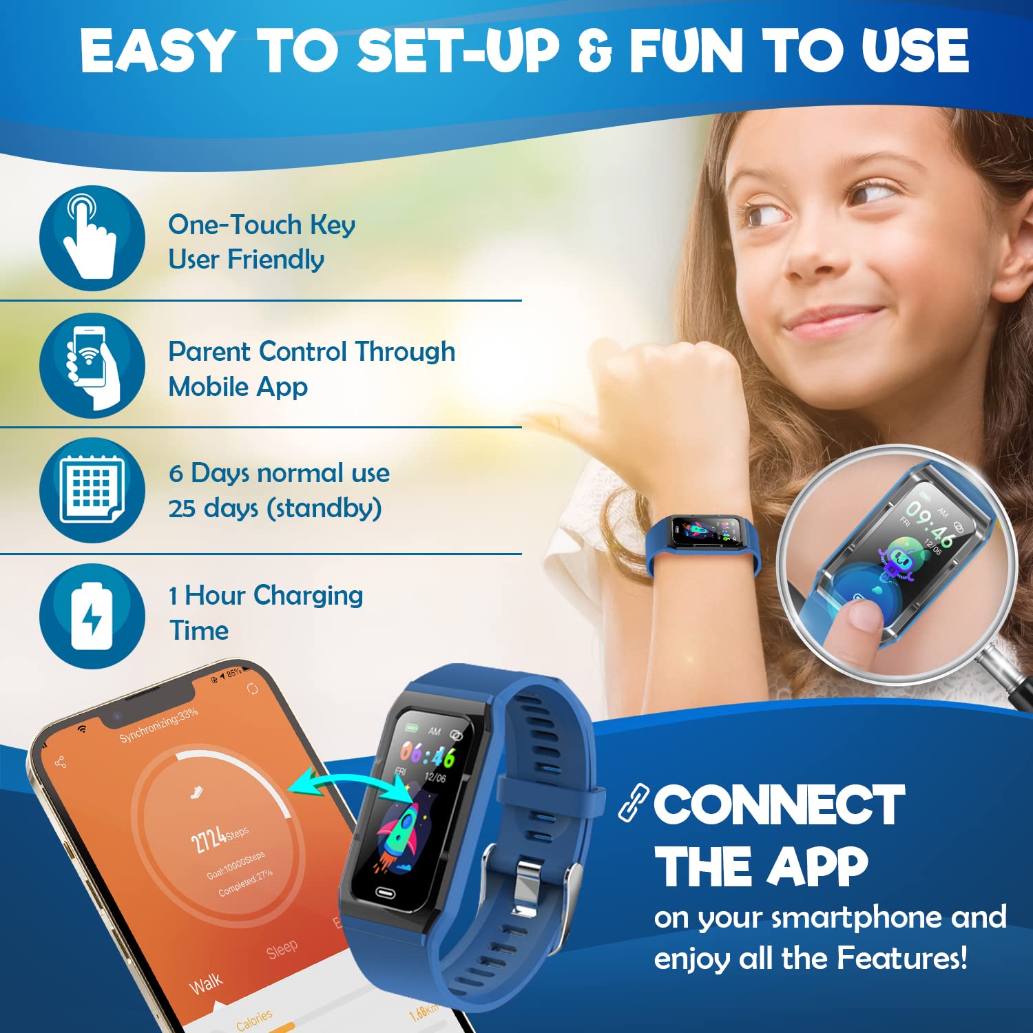 Inspiratek Kids Fitness Tracker for Girls and Boys (Age 5-16) - Waterproof Fitness Watch for Kids with Heart Rate Monitor, Sleep Monitor, Calorie Counter and More - Kids Activity Tracker (Blue)