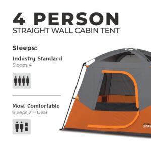 CORE 4 Person Straight Wall Cabin/Camp Tent with Carry Bag for Outdoor, Portable, Included Tent Gear Loft Organizer for Car Camping Accessories