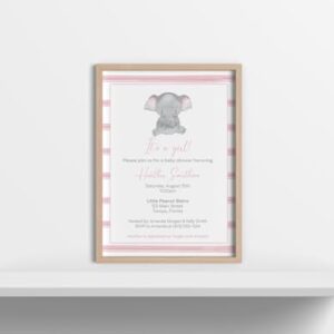 Elephant Baby Shower Invitations Stripes Pink It's a Girl l Little Peanut Invites Customized Personalized Printed (12 Count)