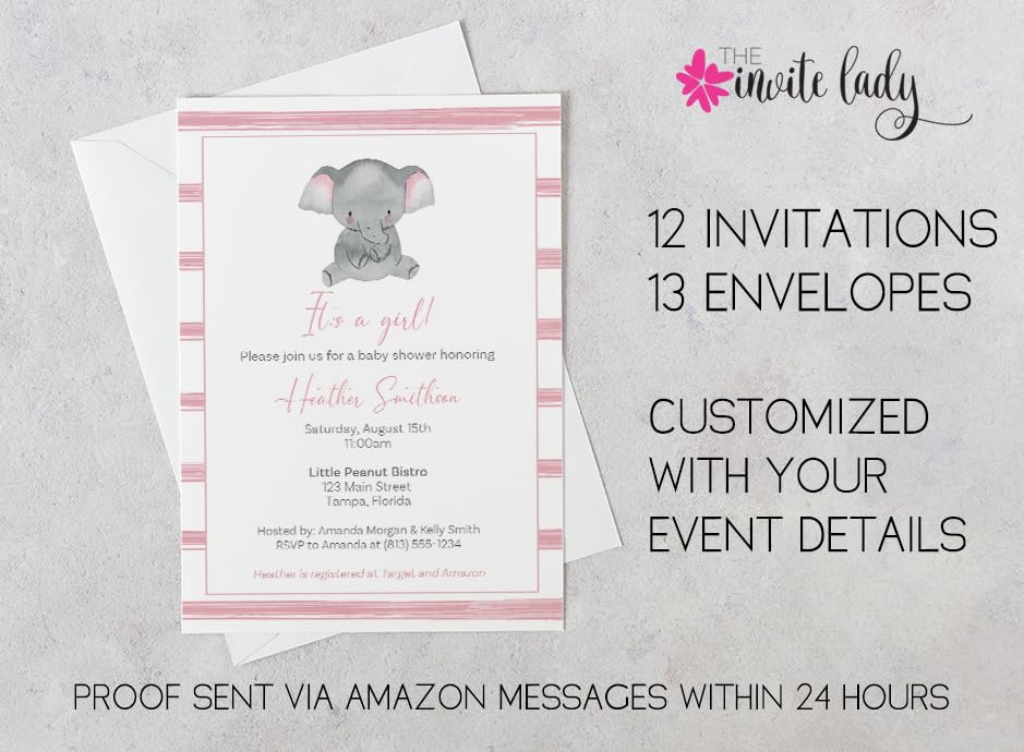 Elephant Baby Shower Invitations Stripes Pink It's a Girl l Little Peanut Invites Customized Personalized Printed (12 Count)