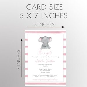 Elephant Baby Shower Invitations Stripes Pink It's a Girl l Little Peanut Invites Customized Personalized Printed (12 Count)