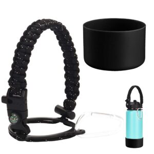 paracord handle strap and boot for hydro flask wide mouth water bottles,durable carrier with safety ring and carabiner (black white spots)/black, 32oz-40oz