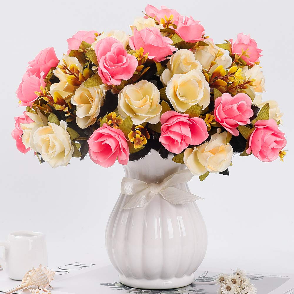 LESING Artificial Fake Flowers with Vase Silk Artificial Roses Wedding Flowers Bouquets Home Office Party Meeting Room Decoration (Pink-1)