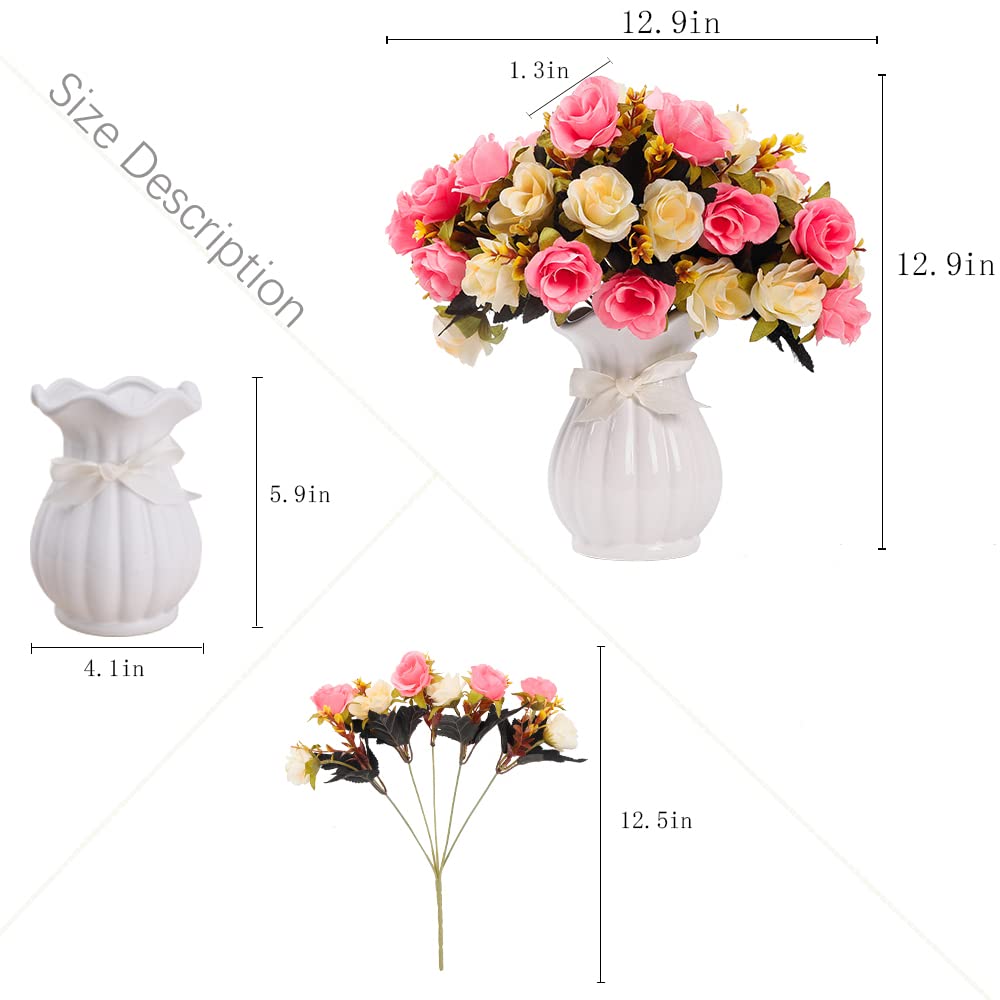 LESING Artificial Fake Flowers with Vase Silk Artificial Roses Wedding Flowers Bouquets Home Office Party Meeting Room Decoration (Pink-1)