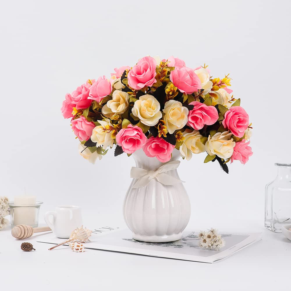 LESING Artificial Fake Flowers with Vase Silk Artificial Roses Wedding Flowers Bouquets Home Office Party Meeting Room Decoration (Pink-1)